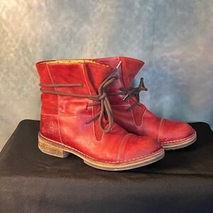 Fly London Leather Ankle Boots Red Lace Up Low Heel Comfortable Womens Shoes